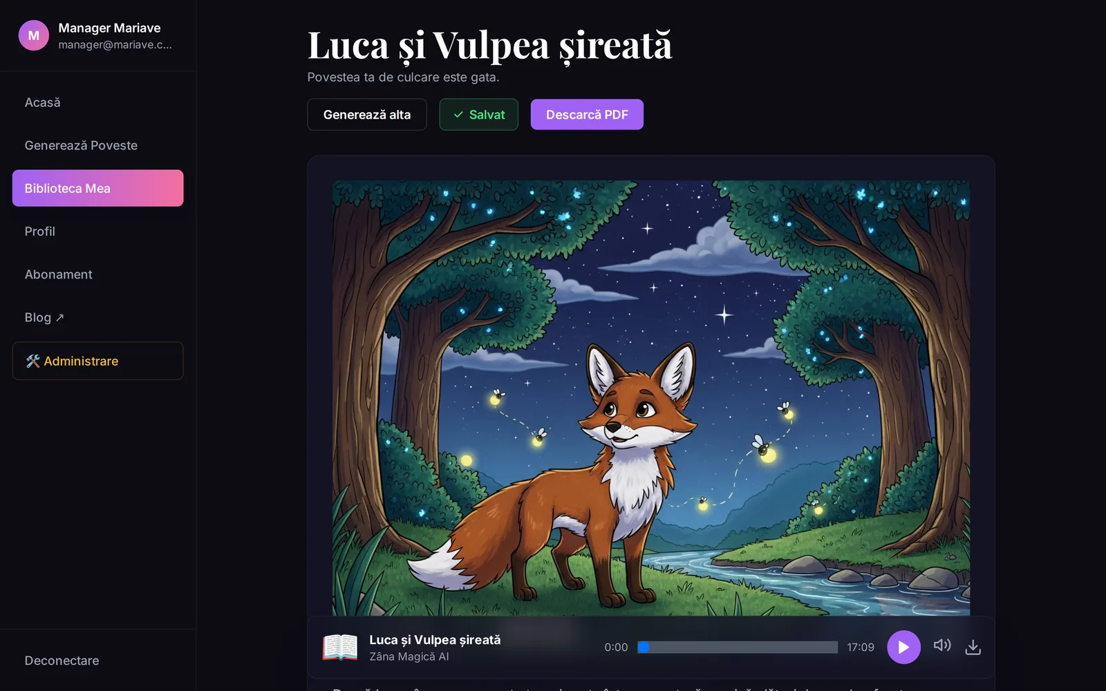 Povestea generată, cu ilustrație și butoane de audio și PDF